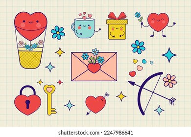 Groovy lovely hearts stickers. Happy Valentines day. Cute characters in trendy retro 60s 70s cartoon style. Love concept.