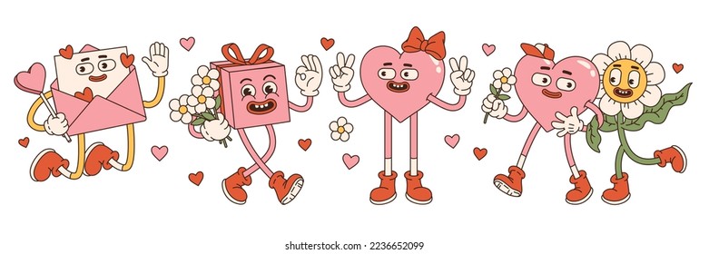 Groovy lovely hearts stickers. Love concept. Happy Valentines day. Funky happy heart, letter, gift, daisy character in trendy retro 60s 70s cartoon style. Vector illustration in pink red colors.