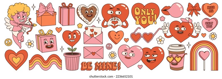 Groovy lovely hearts stickers. Love concept. Happy Valentines day. Funky happy heart character in trendy retro 60s 70s cartoon style. Vector illustration in pink red colors. svg