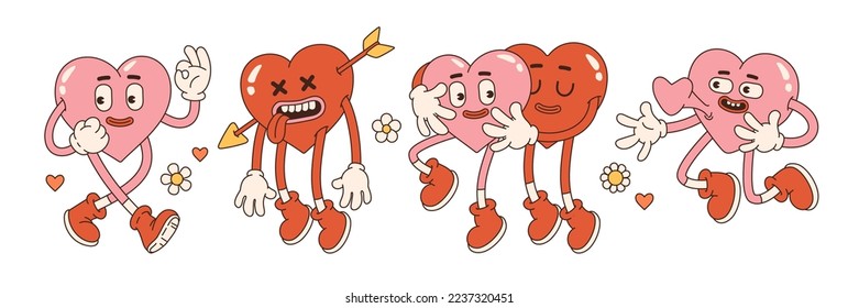 Pegatinas de corazones adorables y groovy. Concepto de amor. Feliz Día de San Valentín. Funky personaje de corazón feliz en el moderno estilo de dibujos animados retro de los años 70. Ilustración vectorial en colores rojos rosados.