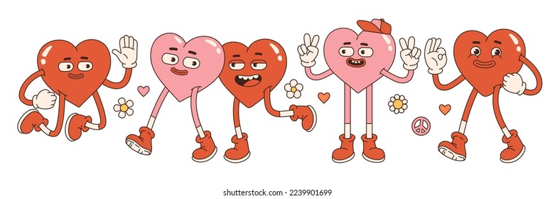 Groovy lovely hearts stickers. Love concept. Happy Valentines day. Funky happy heart character in trendy retro 60s 70s cartoon style. Vector illustration in pink red colors.