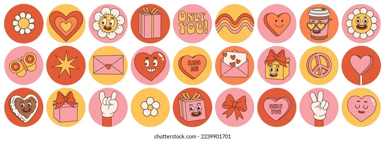 Groovy lovely hearts stickers. Love concept. Happy Valentines day. Funky happy heart, letter, gift, daisy character in trendy retro 60s 70s cartoon style. Vector illustration in pink red colors.