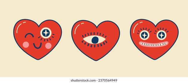 Groovy lovely hearts stickers. Love concept. Happy Valentines day. Funky happy heart character in trendy retro 60s 70s cartoon style. Vector illustration in red colors.