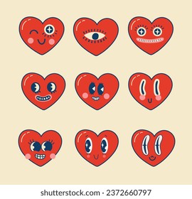 Groovy lovely hearts stickers. Love concept. Happy Valentines day. Funky happy heart character in trendy retro 60s 70s cartoon style. Vector illustration in red colors.
