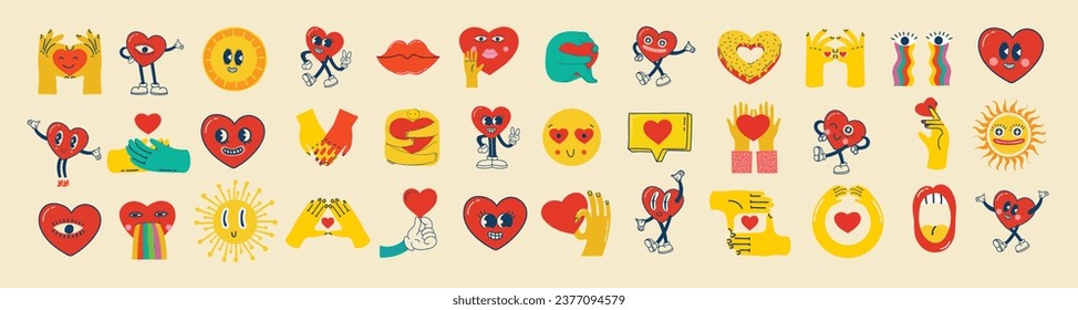 Groovy lovely hearts stickers. Love concept. Happy Valentines day. Funky happy heart character in trendy retro 60s 70s cartoon style. Vector illustration in red colors.