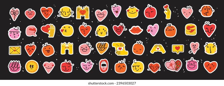 Groovy lovely hearts stickers. Love concept. Happy Valentines day. Funky happy heart character in trendy retro 60s 70s cartoon style. Vector illustration in red colors.