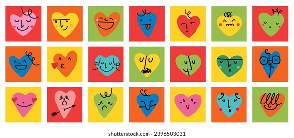 Groovy lovely hearts stickers. Love concept. Happy Valentines day. Funky happy heart character in trendy retro 60s 70s cartoon style. Vector illustration in red colors.