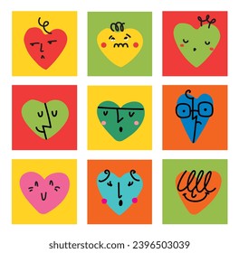 Groovy lovely hearts stickers. Love concept. Happy Valentines day. Funky happy heart character in trendy retro 60s 70s cartoon style. Vector illustration in red colors.