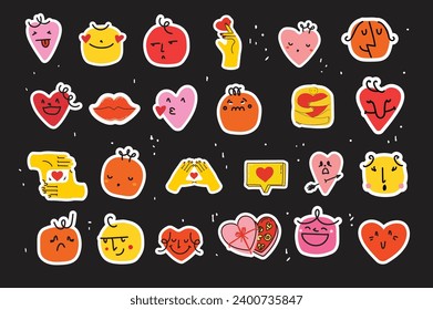 Groovy lovely hearts stickers. Love concept. Happy Valentines day. Funky happy heart character in trendy retro 60s 70s cartoon style. Vector illustration in red colors.