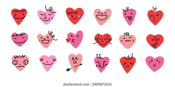 Groovy lovely hearts stickers. Love concept. Happy Valentines day. Funky happy heart character in trendy retro 60s 70s cartoon style. Vector illustration in bright colors.
