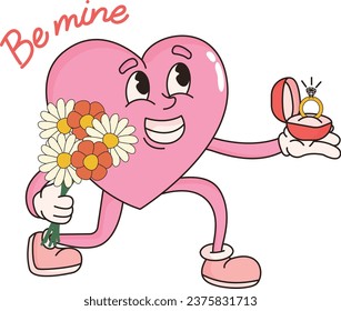 Groovy lovely hearts stickers. Valentines day. In love and happy heart character in trendy retro 60s 70s 80s cartoon style. Vector illustration in pink colors. Doodle drawing.
