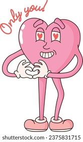 Groovy lovely hearts stickers. Valentines day. In love and happy heart character in trendy retro 60s 70s 80s cartoon style. Vector illustration in pink colors. Doodle drawing.