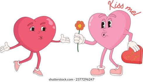 Groovy lovely hearts stickers. Valentines day. In love and happy heart character in trendy retro 60s 70s 80s cartoon style. Vector illustration in pink colors. Doodle drawing.