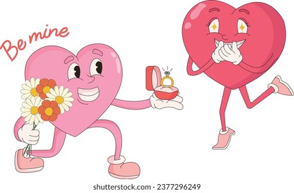 Groovy lovely hearts stickers. Valentines day. In love and happy heart character in trendy retro 60s 70s 80s cartoon style. Vector illustration in pink colors. Doodle drawing.