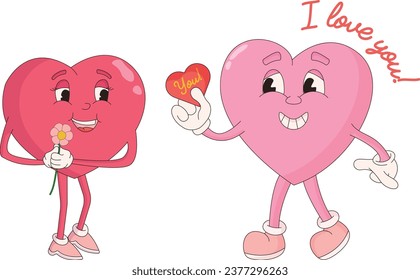 Groovy lovely hearts stickers. Valentines day. In love and happy heart character in trendy retro 60s 70s 80s cartoon style. Vector illustration in pink colors. Doodle drawing.