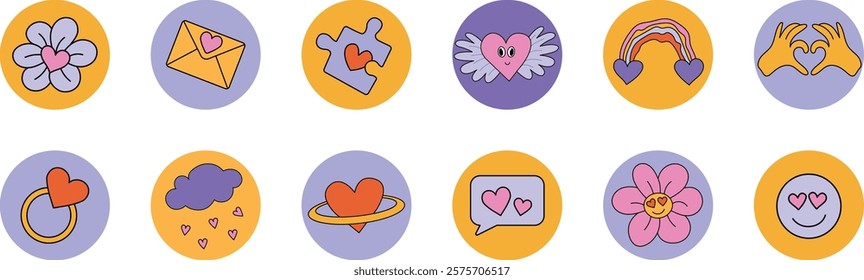 Groovy lovely hearts stickers for Valentine's Day set in trendy retro 60s 70s cartoon style with hearts, flowers, and romantic symbols