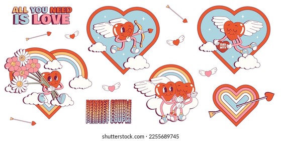 Groovy lovely hippie set hearts stickers cupid. Love concept. Retro Happy Valentines day. Comic happy heart character in trendy retro 60s 70s cartoon style. Vector illustration in pink red colors.