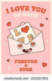 Groovy lovely letter retro poster. Love concept. Happy Valentines Day. Trendy retro 60s 70s cartoon style. Card, postcard, print.