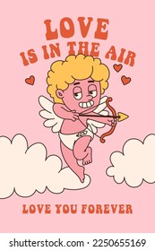 Groovy lovely poster with angel, cupid. Love concept. Happy Valentines day greeting card. Funky background in trendy retro 60s 70s cartoon style. Vector illustration in pink red colors.