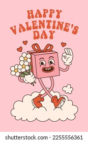 Groovy lovely poster with gift box, present. Love concept. Happy Valentines day greeting card. Funky background in trendy retro 60s 70s cartoon style. Vector illustration in pink red colors.