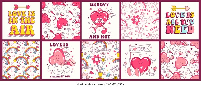 Groovy lovely square poster, seamless pattern, stickers with kawaii hearts. Retro print with greeting slogan. Character love concepts, Happy Valentine's day card with fun hippie valentine symbol.