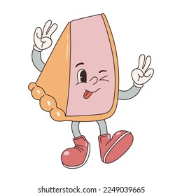 Groovy lovely stickers character pie. Love concept. Happy Valentines day. Funky happy heart character in trendy retro 60s 70s cartoon style. Vector illustration in pink red colors