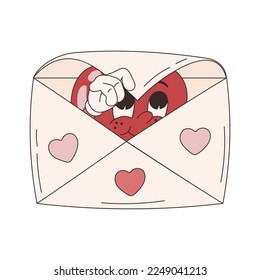 Groovy lovely stickers heart character is in envelope. Love concept. Happy Valentines day. Funky happy heart character in trendy retro 60s 70s cartoon style. Vector illustration in pink red colors	
