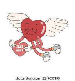 Groovy lovely stickers hearts character with wings flying. Love concept. Happy Valentines day. Funky happy heart character in trendy retro 60s 70s cartoon style. Vector illustration in pink red colors