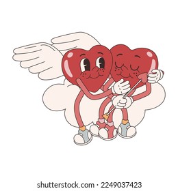 Groovy lovely stickers hearts character cupid hugs. Love concept. Happy Valentines day. Funky happy heart character in trendy retro 60s 70s cartoon style. Vector illustration in pink red colors	
