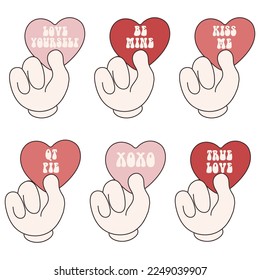 Groovy lovely stickers hearts in hands with caption. Love concept. Happy Valentines day. Funky happy heart character in trendy retro 60s 70s cartoon style. Vector illustration in pink red colors	
 - Shutterstock ID 2249039907