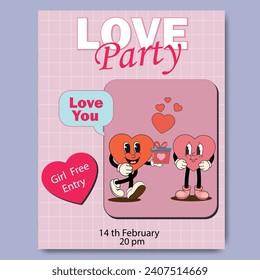 Groovy lovely Valentine's Day party invitation. Happy Valentines Day. Funky background in trendy retro 60s 70s cartoon style