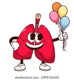 Groovy lungs cartoon character with bundle of balloons. Funny healthy internal organ of respiratory system with happy smile, retro lungs cartoon mascot, sticker of 70s 80s vector illustration