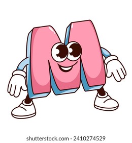 Groovy M alphabet letter cartoon character smiling. Funny retro ABC mascot with happy smile, cartoon pink and blue M letter of bold hippie balloon font, cool sticker of 70s 80s vector illustration