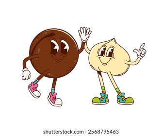 Groovy macadamia nut characters, cartoon retro personages with quirky expressions and vintage hippie shoes, giving high five, captures a funky and playful vibe, friendship, celebration, and happiness