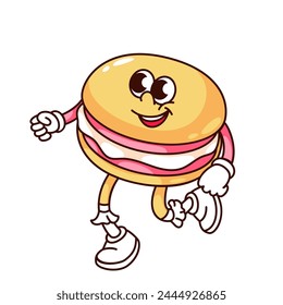 Groovy macaroon cartoon character running with happy smile. Funny retro cake with strawberry flavor in hurry, sweet dessert mascot, cartoon macaroon sticker of 70s 80s style vector illustration