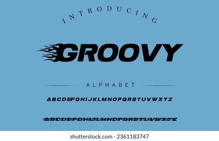Groovy MADE Sports minimal tech font letter set. Luxury vector typeface for company. Modern gaming fonts logo design.