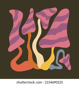 Groovy magic mushroom poster in retro trippy funky style. Organic shapes aesthetic wall art in trendy pallete. Curvy psychedelic summer boho decoration print.