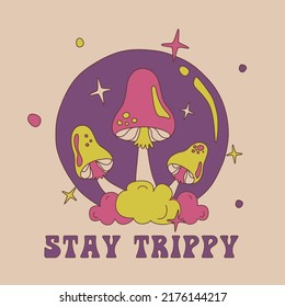 Groovy magic mushrooms, cosmic stars and slogan Trippy in doodle style. Isolated vector illustration in 1970s style for t-shirt, stickers, posters and postcards.