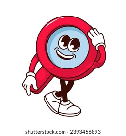 Groovy magnifying glass character vector illustration. Cartoon isolated retro sticker of red magnifier character with funny smile on blue face, cute school supply mascot with legs and arms walking