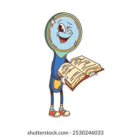 Groovy lente de aumento personagem piscando olho e lendo livro de texto. Personagem isolada da escola educacional do vetor do desenho animado. Lupa de lupa retro funky com expressão de rosto alegre lição de aprendizagem