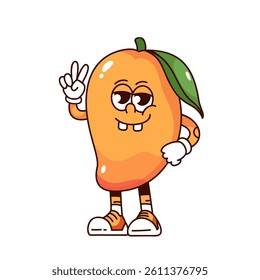 Groovy mango cartoon character with peace and victory gesture. Funny retro personage with leaf, funky smile and teeth. Fruit mascot, cartoon cute mango sticker of 70s 80s style vector illustration
