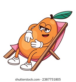 Groovy mango character sunbathing vector illustration. Cartoon isolated retro summer vacation sticker, tropical mango fruit mascot with arms and legs lying on beach chair to sunbathe and chill