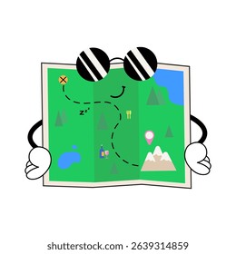 Groovy map character. Retro cartoon adventure mascot. Vector travel illustration isolated