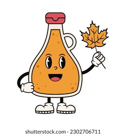 Groovy maple syrup character holding maple leaf. Cute retro mascot. Cartoon isolated vector illustration.