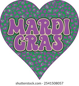 Groovy Mardi Gras Lettering texto sobre leopardo HEART ilustração vetor