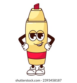 Groovy marker character vector illustration. Cartoon isolated stationery retro sticker of funny red highlighter with happy expression on face, comic marker mascot with legs and arms for painting