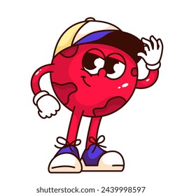 Groovy Mars planet cartoon character waving hand. Funny retro globe boy with baseball cap and sneakers greeting, fun astronomy mascot, cartoon red planet sticker of 70s 80s style vector illustration