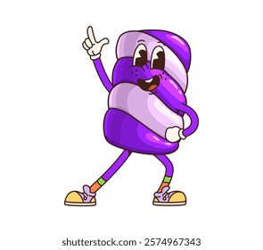 Groovy marshmallow sweet character stands out with expressive face and lively pose pointing upward with confidence. Cartoon vector purple and white striped pastry retro personage with hippie vibe