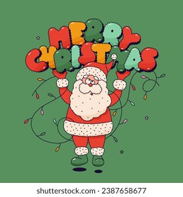 Groovy mascot Santa Claus character with letters Merry Christmas and garland. Imaginary old man with long, white hair, beard and red coat.