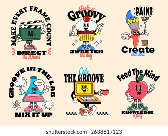 Groovy mascot set of fun professions – colorful retro-style vector characters. Perfect for posters, stickers, education, and positive designs. Vector illustration